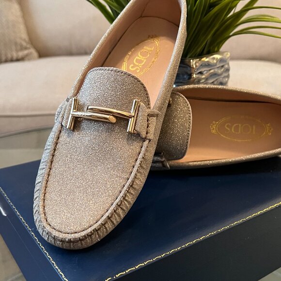 Tod's Gold Glitter Double T Slip On Loafers - Picture 4 of 5